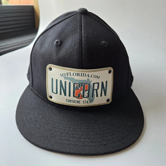 CityLocs Florida Plate Leather Patch Unicorn Black Fitted Hat Streetwear - Picture 1 of 10